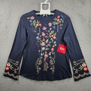 NEW Reba Embroidered Tee Top Women Small colorful Floral Long Sleeve Navy